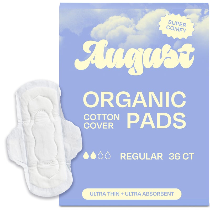 August Regular Cotton Menstrual Pads 36Pack Ultra Thin Pads with Wings Hypoallergenic Sanitary Napkins with Organic Cotton Topsheet Compostable Wrappers Toxin Free Fragrance Free - Image 1
